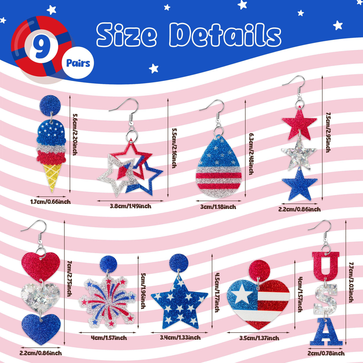 Y1tvei Independence Day Glitter Earrings for Women- 9 Pairs 4th of July American Flag Earrings Star Red Blue Dangle Drop Acrylic Accessories USA Flag Jewelry Gifts for Patriotic Memorial Veterans Day