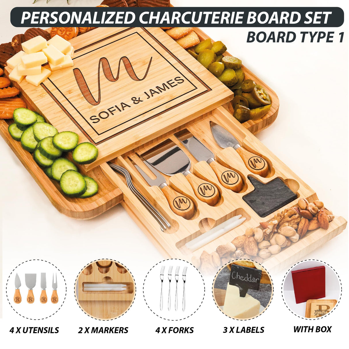 Personalized Charcuterie Board Gifts Set, Custom Large Cheese Board, Charcuterie Board for Wedding, Anniversary, Birthday, Housewarming, Engagement, Party, New Home Gift Couple, Fathers Day, Christmas