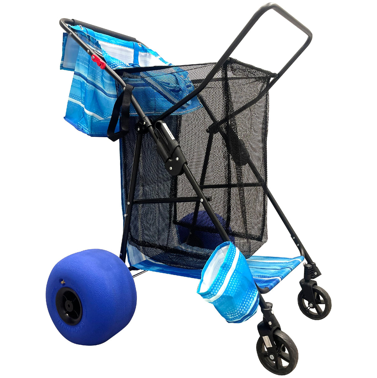 Beach Cart Balloon Wheel Deluxe Heavy Duty Folding Ocean Utility 13” x 7” Sand Wheels Holds 4 Folding Chairs Umbrella Holder Removable Beach Bag Blue Striped Pattern