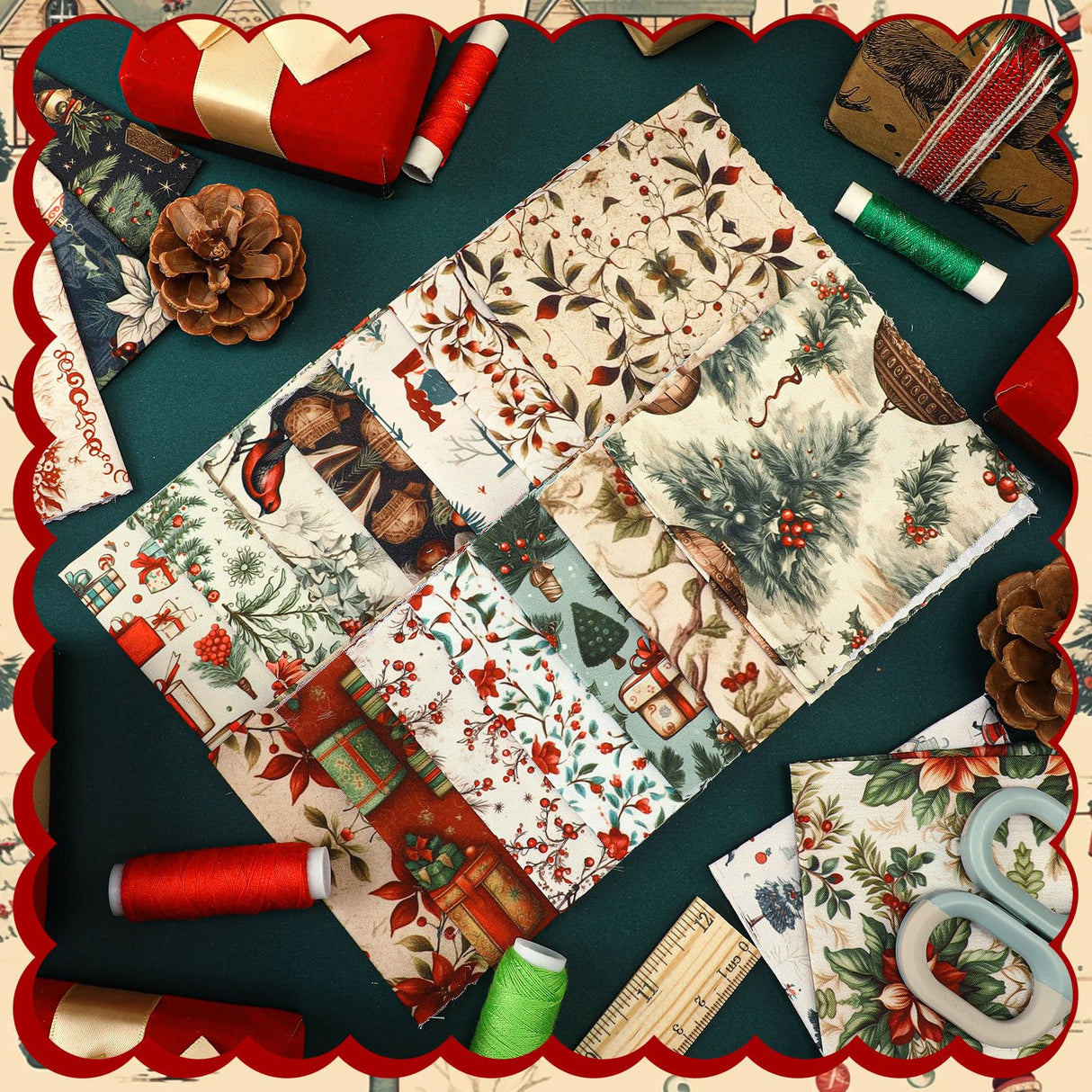 Fanfanwin 100 Pcs 10 x 10 Inch Vintage Christmas Quilting Fabric Christmas Fat Squares Patchwork Strips Santa Red Cardinal Precut Fabric Bundles for Xmas Handmade Crafting DIY Craft Sewing Material