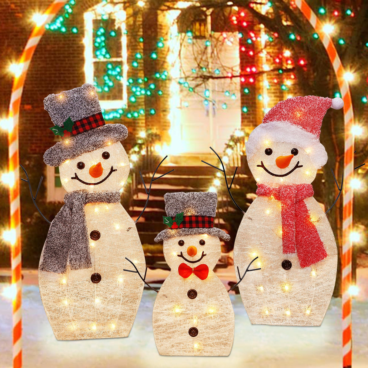 ATDAWN Light Up Snowman Family, Pre-Lit 60 Lights Christmas Collapsible Snowman Outdoor Decoration, Outdoor Lighted Snowman Christmas Yard Decorations, SF02