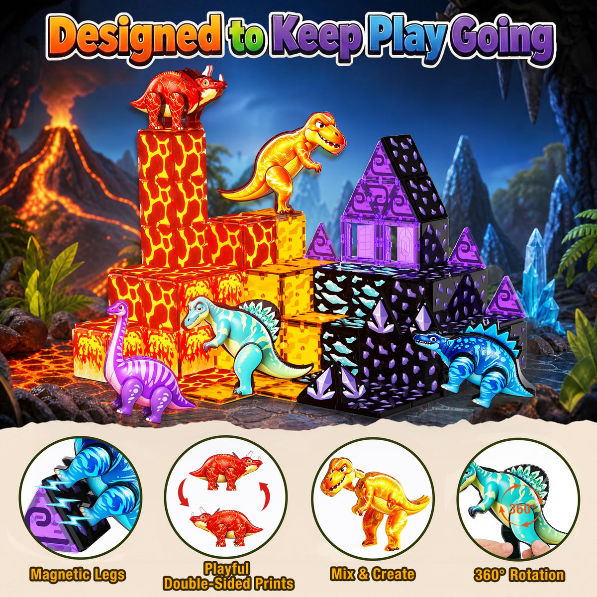 GobiDex Magnetic Tiles Lava & Cave Dinosaur Toys for Kids 3-5 5-7