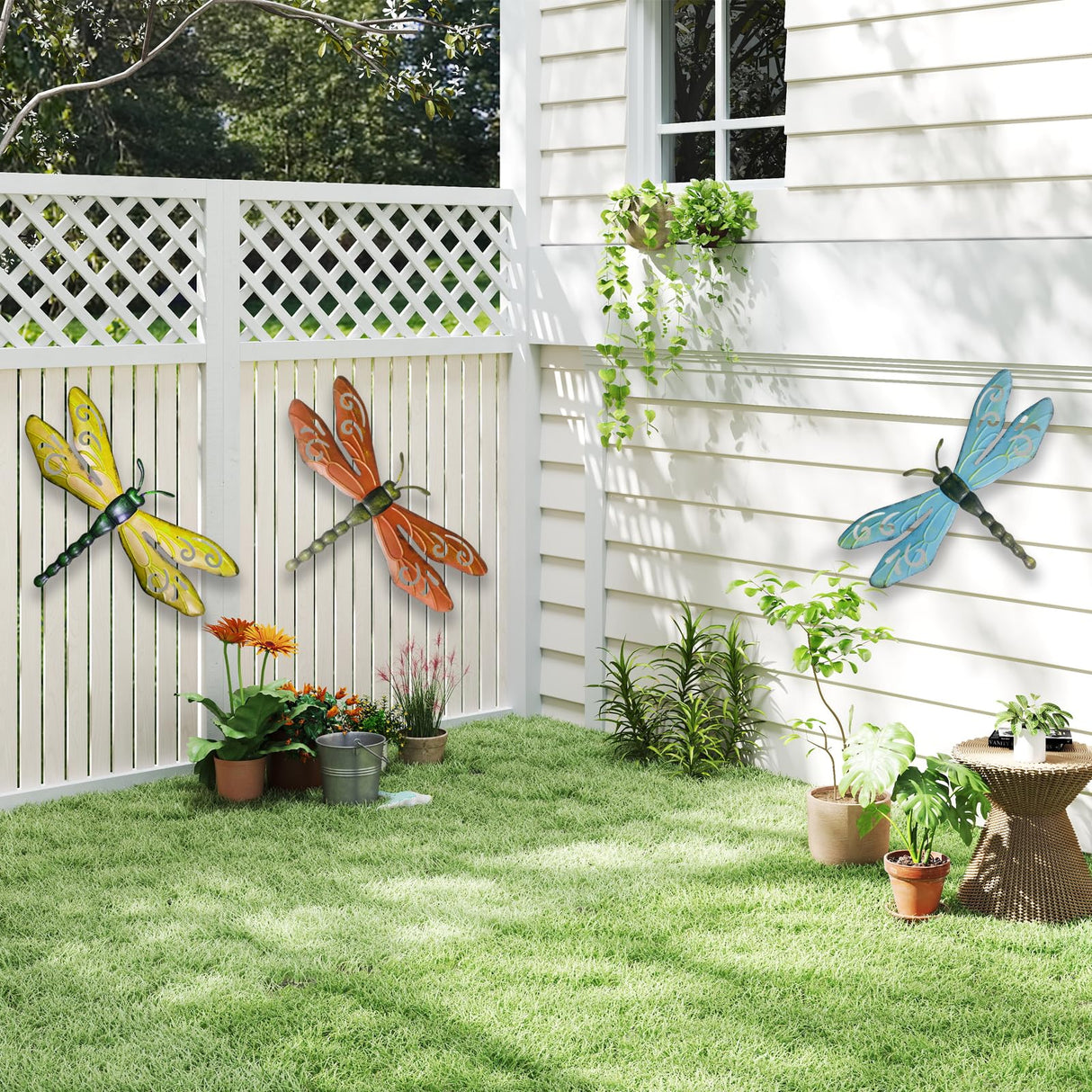 PLASUPPY Metal Dragonfly Wall Decor Outdoor Garden Fence Art Hanging Decorations for Patio, Yard, Indoor Home, Living Room, Bedroom, 3 Pack (Large)
