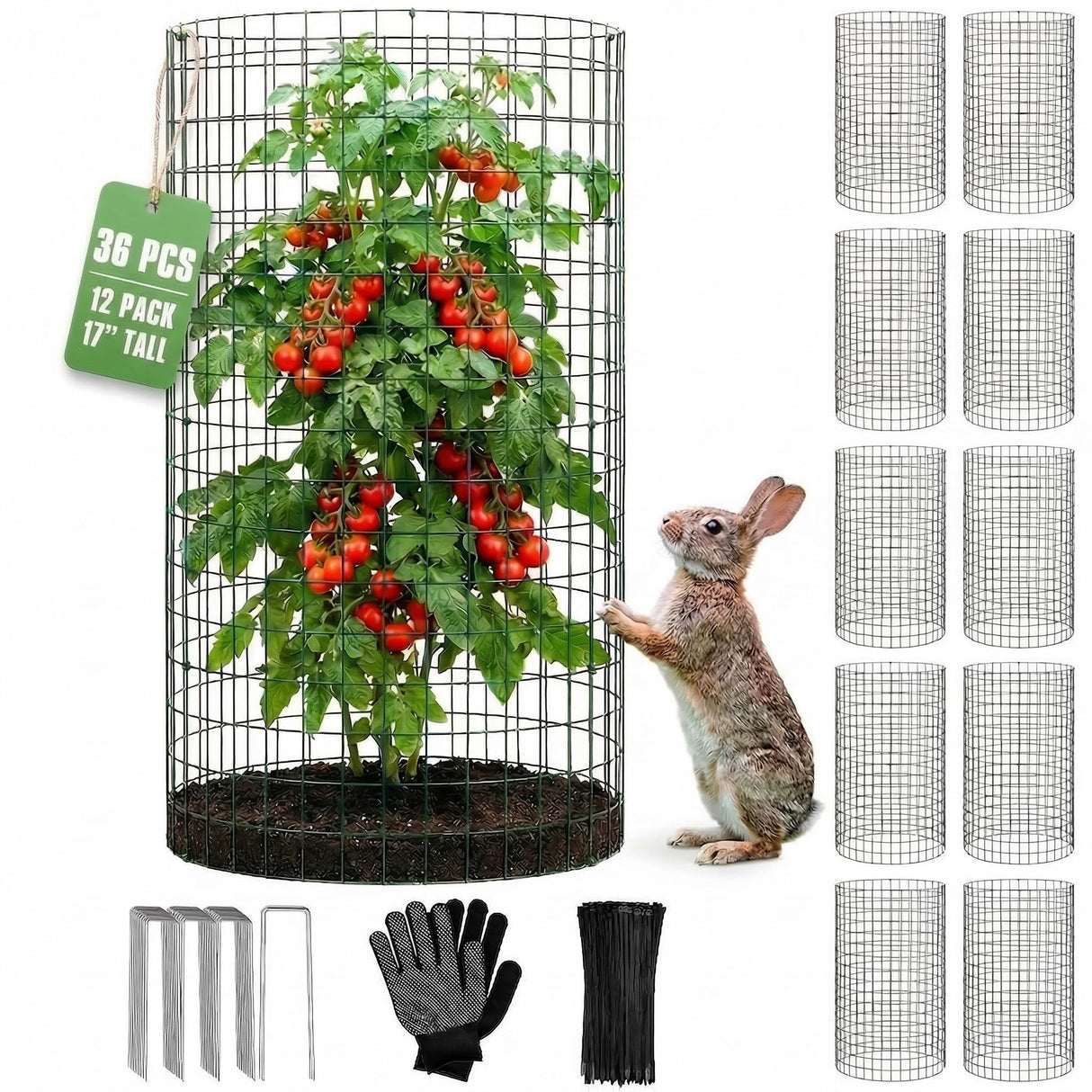 12 Pack 17" x 12" Tall Round Plant Cage - 36PCS Plant Support Cage Metal Wire Mesh Plant Protector for Outdoor Gardening Supplies Garden Protection Rabbits Chickens Ducks for Vegetables Flowers Shrubs