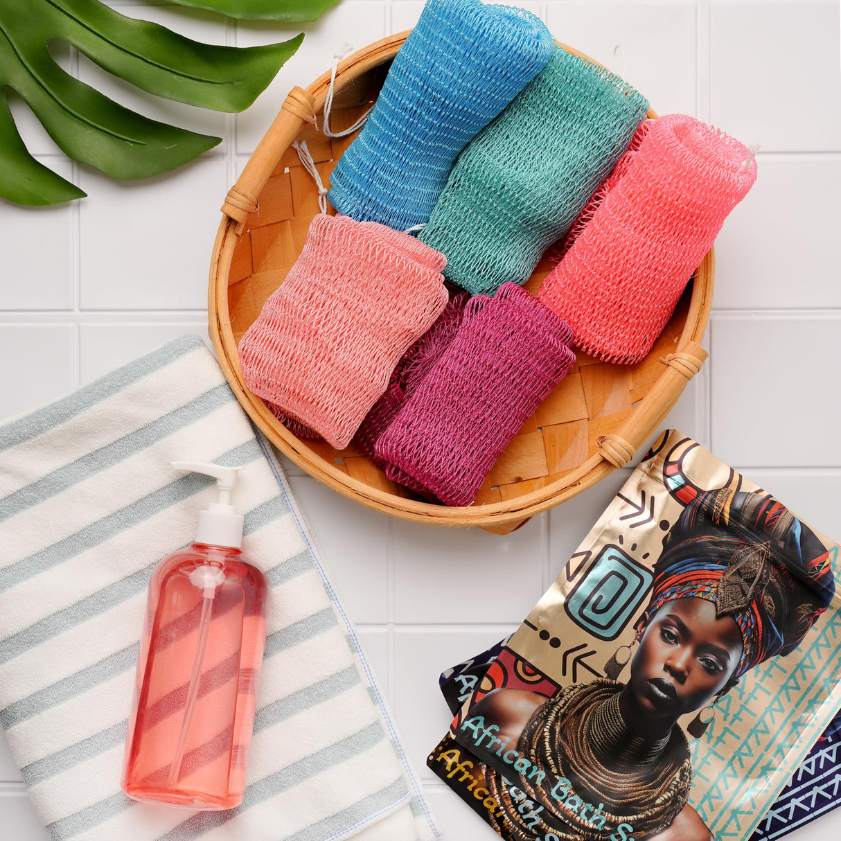 AFRIKI African Net Sponge, Authentic African Exfoliating Sponge, Black Owned, Back Scrubber, 45inch Long, for Normal to Sensitive Skin, for Daily use, Sky Collection