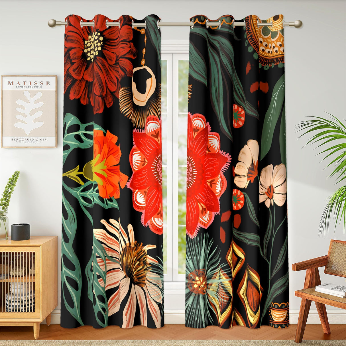 Tyrot Black Red Boho Floral 100% Blackout Curtains for Living Room 84 inch Long 2 Panels Christmas Black Out Curtains for Bedroom Grommet Thermal Insulated Room Darkening Window Drapes,52Wx84L