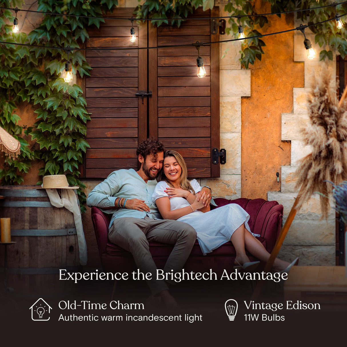 Brightech Ambience Pro Incandescent Outdoor String Lights - Commercial Grade Waterproof Patio Lights with 24 Ft Dimmable Edison Bulbs, Porch String Lights for Patio, Backyard, Christmas - 7 Bulbs 11W