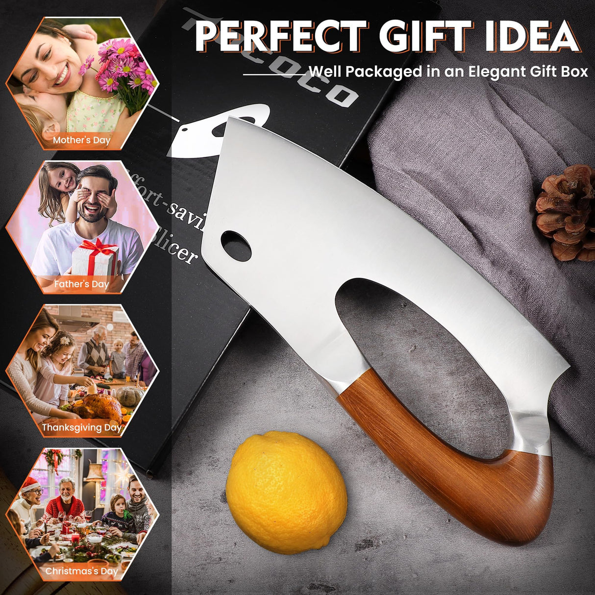 ROCOCO Meat Cleaver Knife Unique Effort Saving Kitchen Knife Professional Stainless Steel Chef Cooking Knives for Cutting Meat Vegetable Father Mother Christmas Gift Bronze