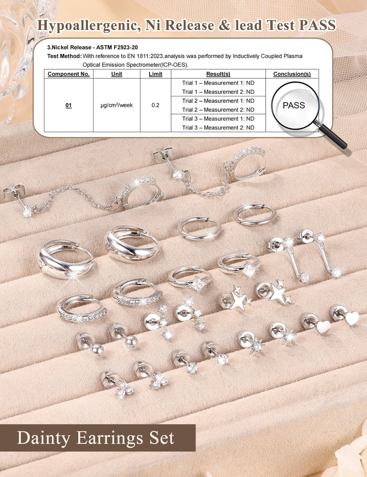 Florideco Silver Plated Flat Back Earrings Hypoallergenic Surgical Steel Earrings for Women Trendy Cartilage Chain Hoop Earring Studs Star Heart CZ Flatback Stud Earring Pack