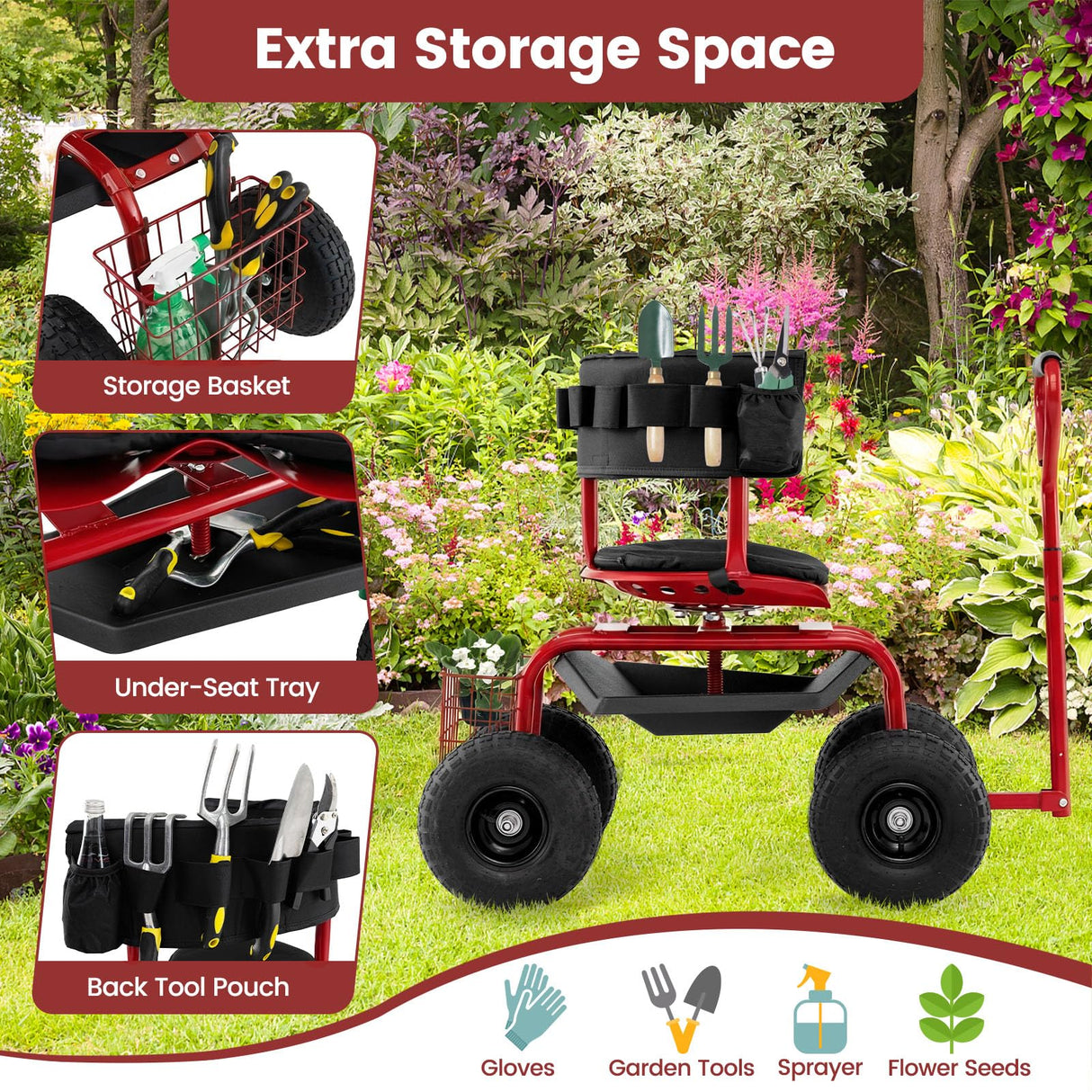 Goplus Garden Seat with Wheels, Rolling Gardening Stool with Adjustable 360° Swivel Seat, Tool Tray & Storage Basket, Extendable Handle, Outdoor Gardening Scooter, Garden Cart Workseat for Seniors
