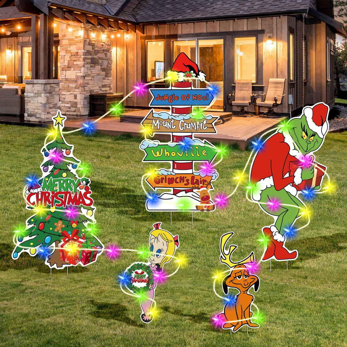 Large Christmas Yard Signs Outdoor-(With lights) 5PCS Whoville Christmas Decorations,Funny Green Monster Stealing Party Supplies Holiday Decorations