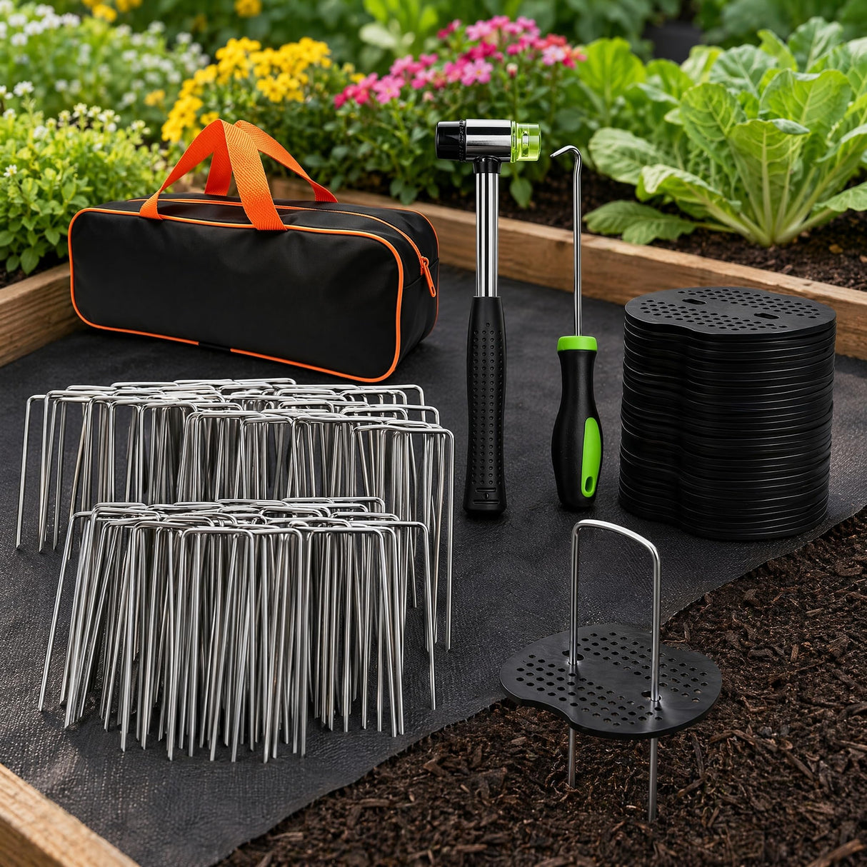 202Pcs Garden Stake Staple kit, 100Pcs 6-inch U-Shaped Landscape Staples, 100 Fixing Gasket, Pick Hook, Rubber Mallet Used for for Weed Barrier Fabric, Ground Cover, Holding Fence and Artificial Turf
