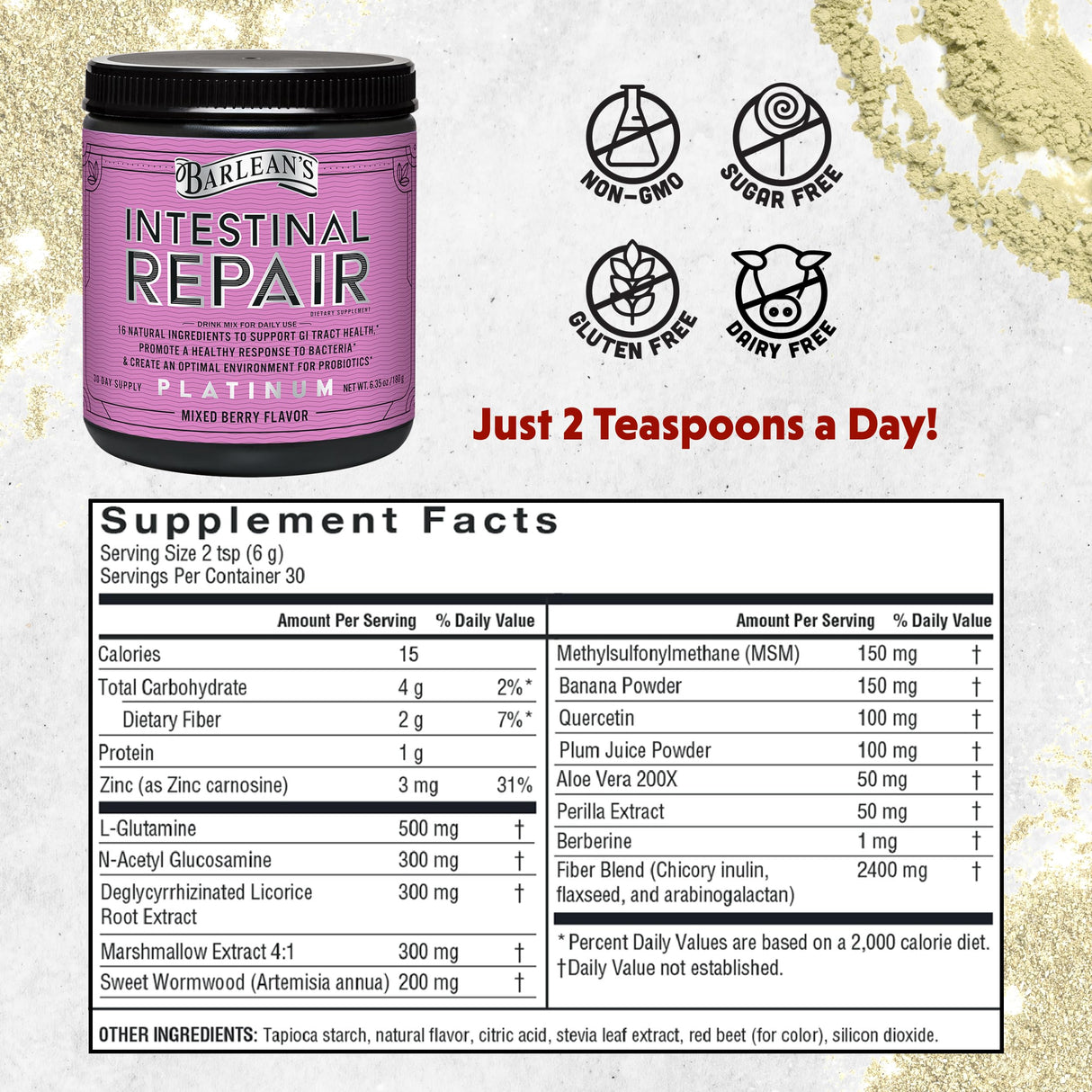 Barlean’s Intestinal Repair Gut Health Powder with 16 Digestive Supplements, L-Glutamine, Marshmallow & Licorice Root, Aloe Vera, and Fiber Mixed Berry Flavor, 6.35 oz