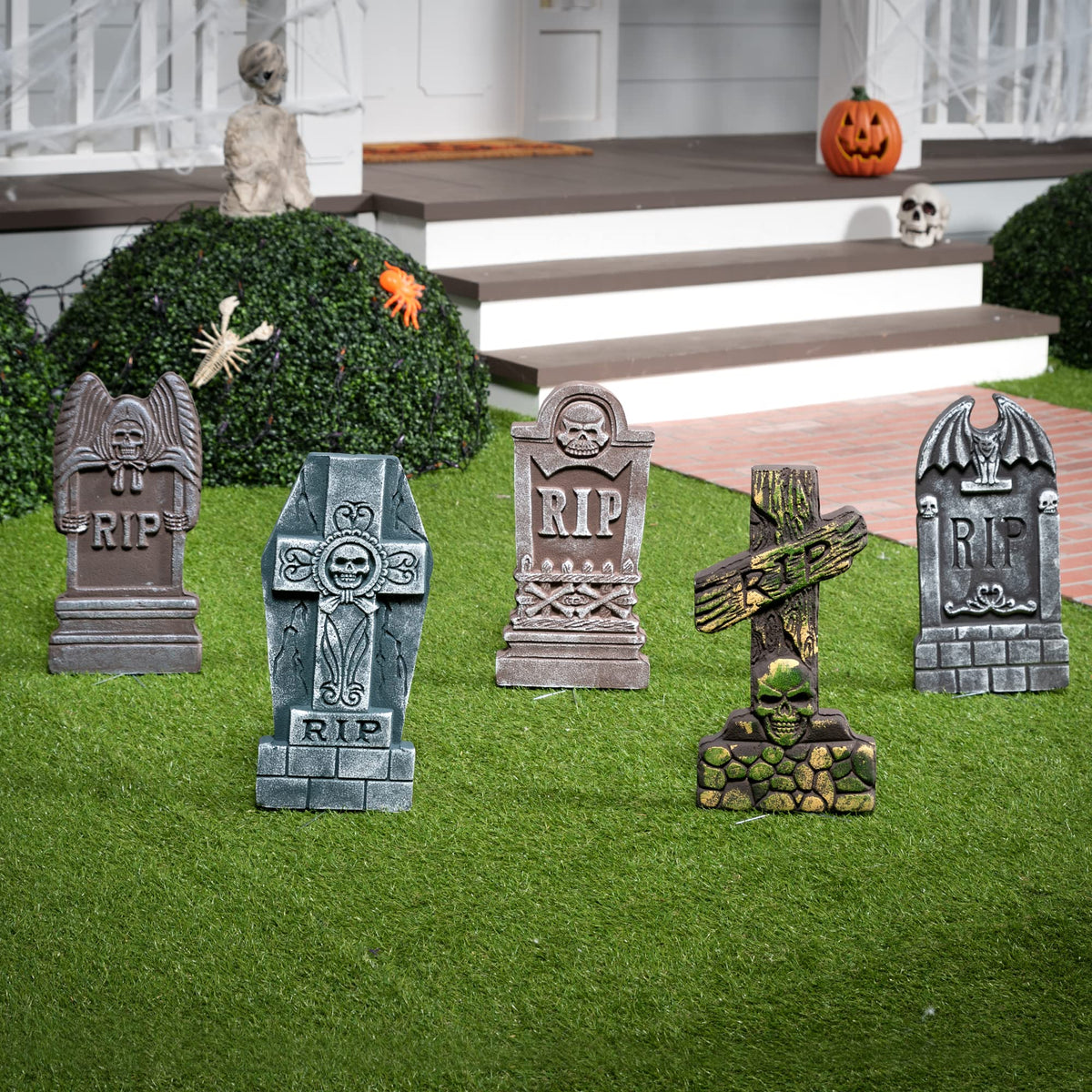 JOYIN 17” Halloween Foam RIP Graveyard Tombstones (5 Pack), Halloween Tombstones Outdoor Decorations for Graves Decorations with 12 Metal Stakes for Cemetery Yard Lawn Party Decor