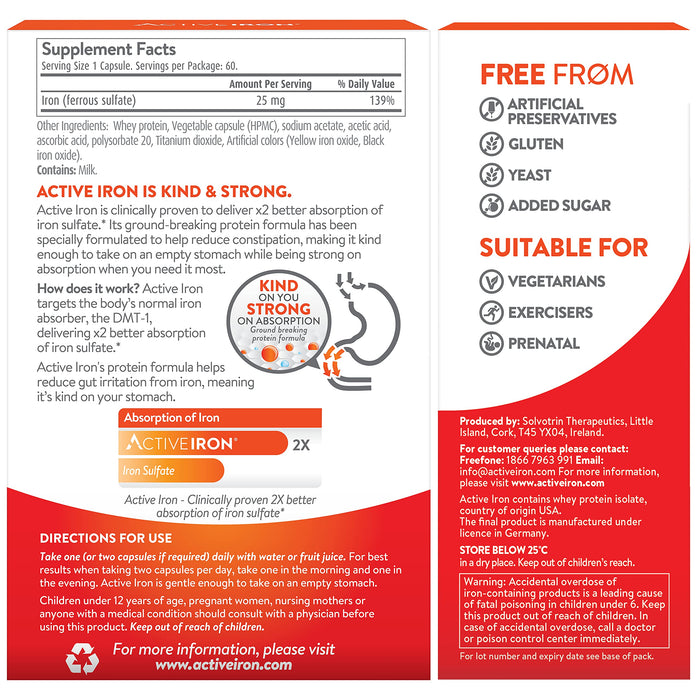 Active Iron High Potency Iron Supplement, 2X Better Absorption & Non-Constipating, Helps Support Energy, Iron Pills for Women & Men, 25mg (60 Capsules)