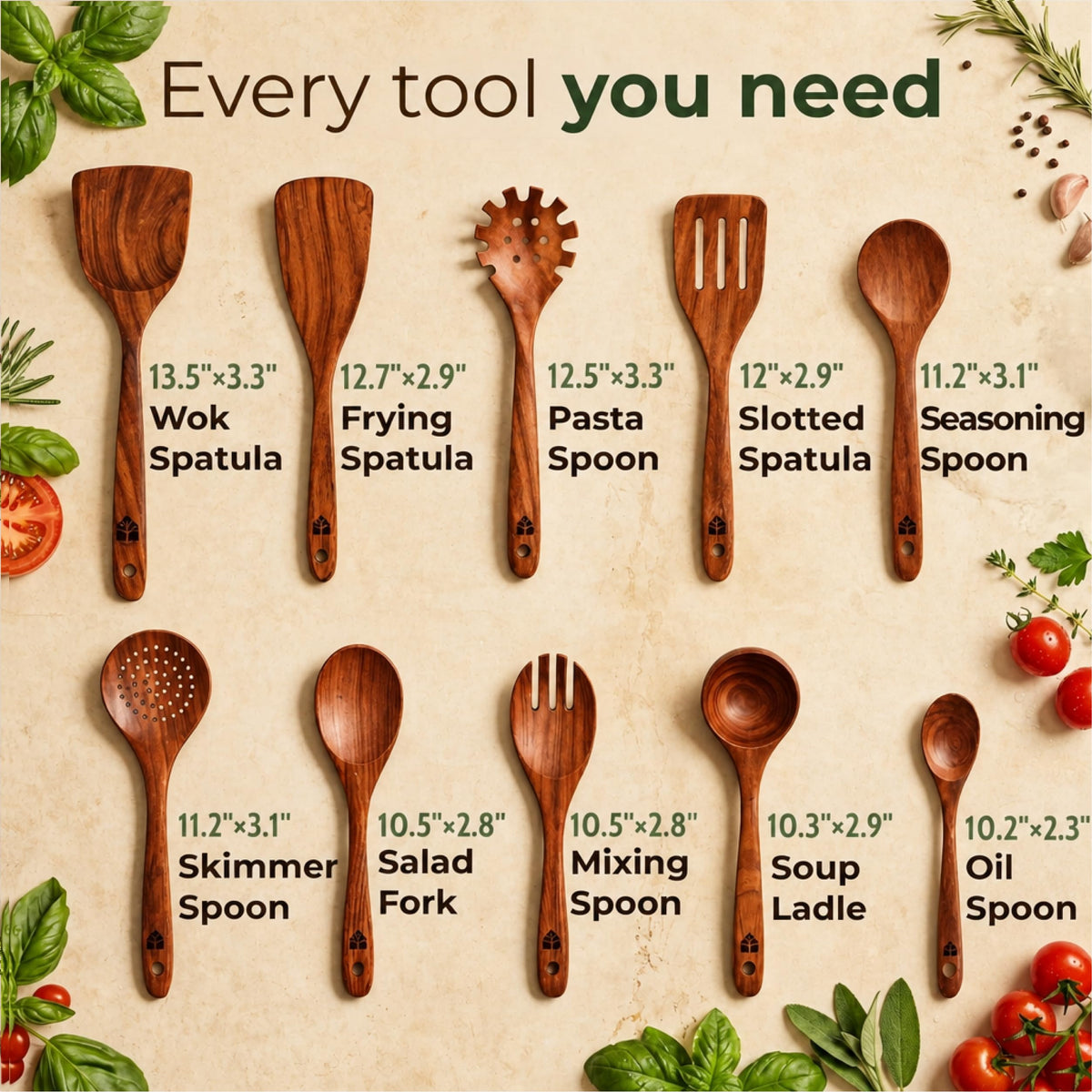 Wooden Spoons for Cooking – 10 Pcs Non Toxic Teak Kitchen Utensils Set