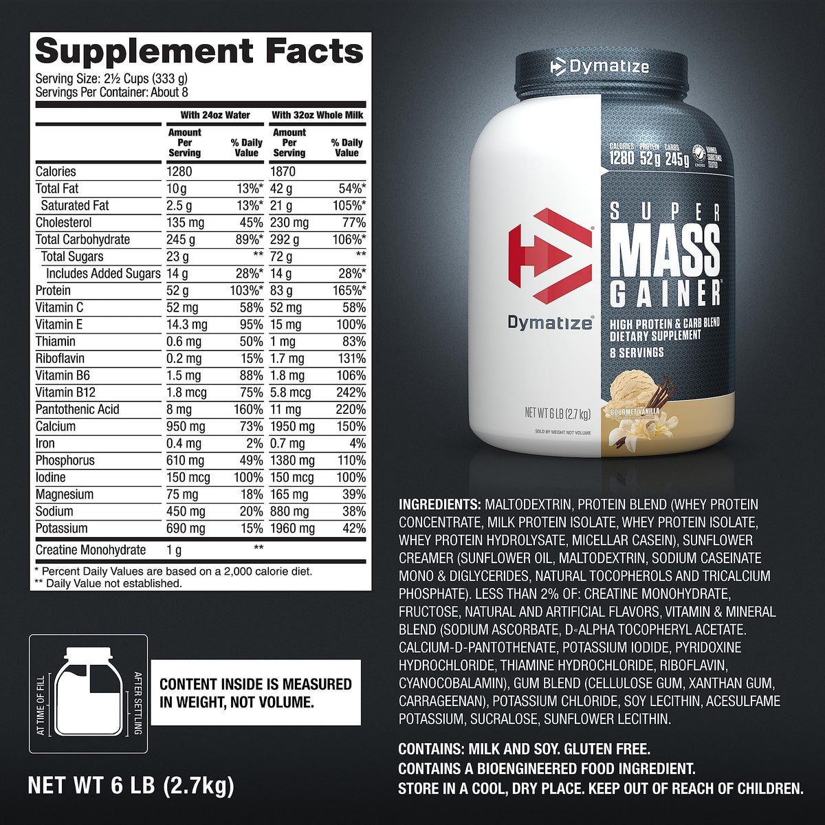 Dymatize Super Mass Gainer, 52g Protein Powder, Gourmet Vanilla, 6 lb