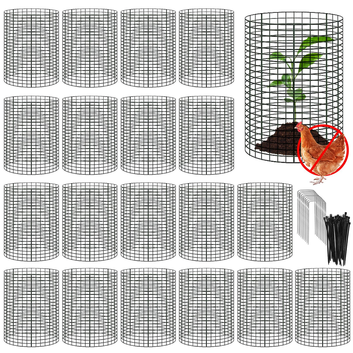 YEXEXINM 20 Pack 12" H X 4" D Wire Small Plant Protector from Animals, 20 Pcs Small Metal Plant Cage Chicken Wire Cloche with Ground Stakes and Nylon Tie to Keep Animals Out Garden Protection
