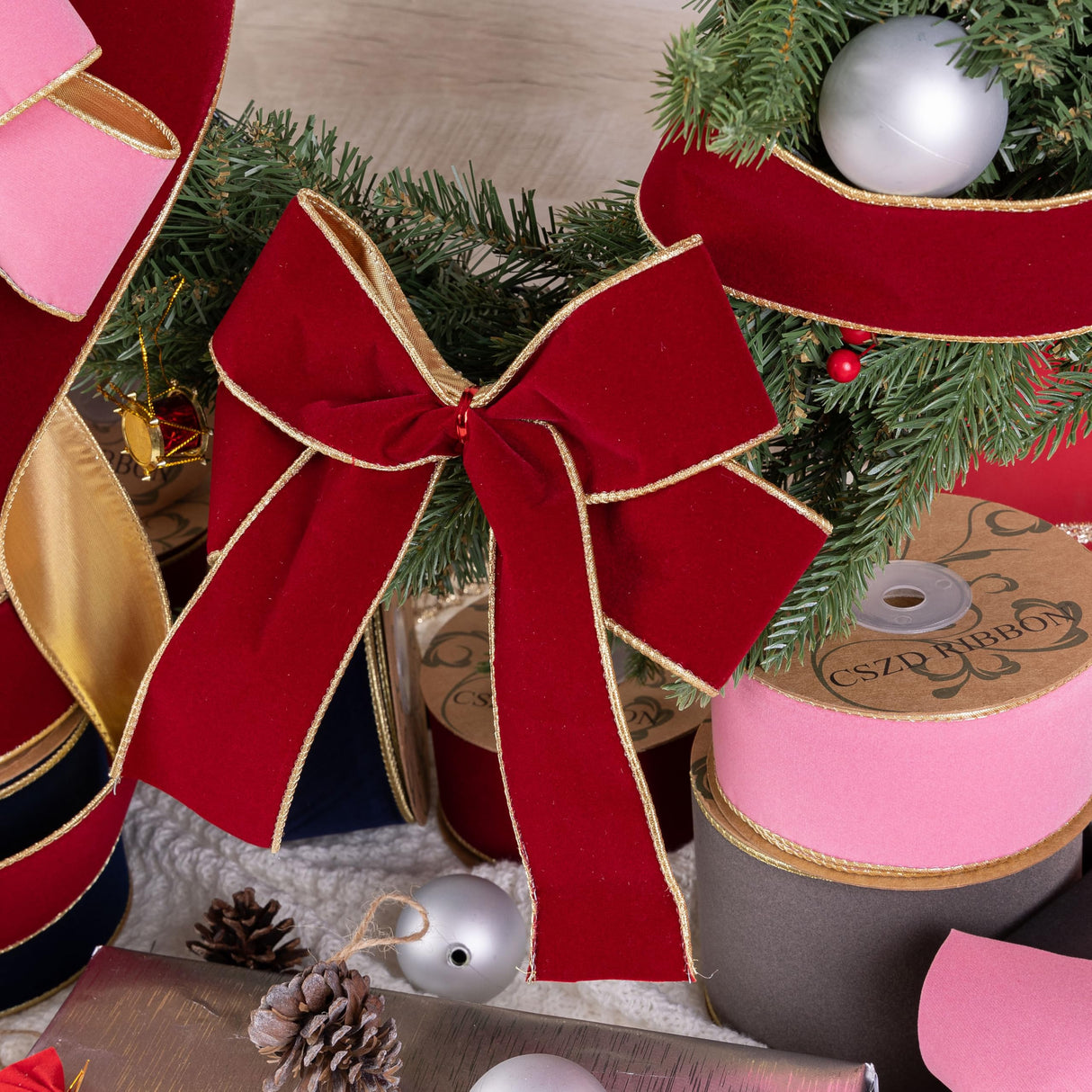 CSZD RIBBON Dark Red Velvet Christmas Wired Ribbon 4inch Wide*10Y Red and Gold Double Sided Velvet Ribbon for Christmas Tree Wreaths Gift Wrapping Bows Gralands Home Decor Crafts (Dark red)