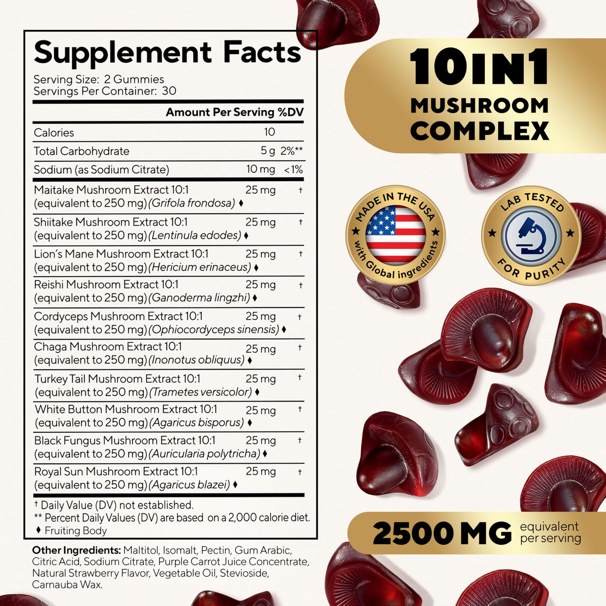 VitaUp Mushroom Gummies for Adults - USA Made 10 in 1 Mushroom Supplement - Mushroom Complex with Lions Mane, Cordyceps, Turkey Tail, Reishi, Shiitake for Cognitive & Immune Support - 60 Count