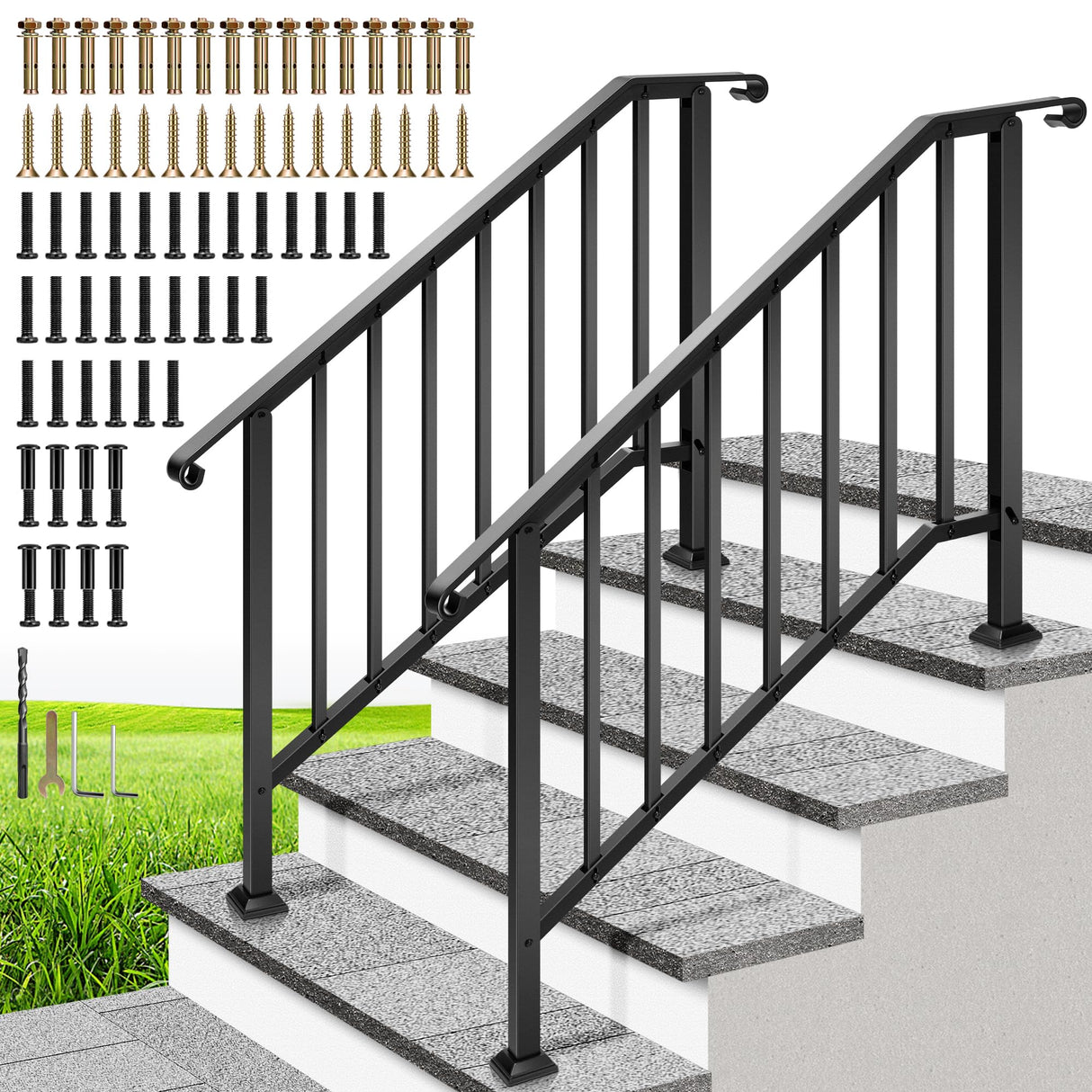VIVOHOME 4-Step Hand Rails for Outdoor Steps with Curved Ends and Balusters