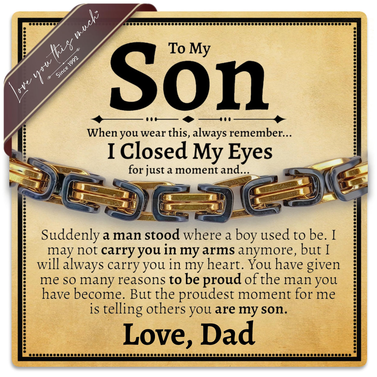 Love You This Much Sentimental Father to Son Gift | Men's 5mm Twist Steel Bracelet | Present for Son from Dad | 8"+1" Extender | Luxury Gift Box & Card (Gold-Black)