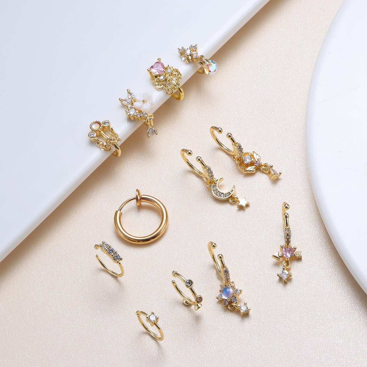 Florideco 12Pcs Nose Cuff Fake Nose Ring Hoop Clip on Nose Rings CZ Dangle Cartilage Tragus Ring Nose Cuff Non Piercing for Women Men Gold