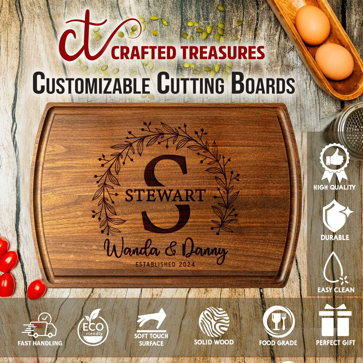 Crafted Custom Cutting Board - Personalized Cutting Board - Engraved Charcuterie Board - Wedding Gift for Couple - Best Present Idea for Bride, Bridal Shower, Anniversary, Christmas, & Housewarming