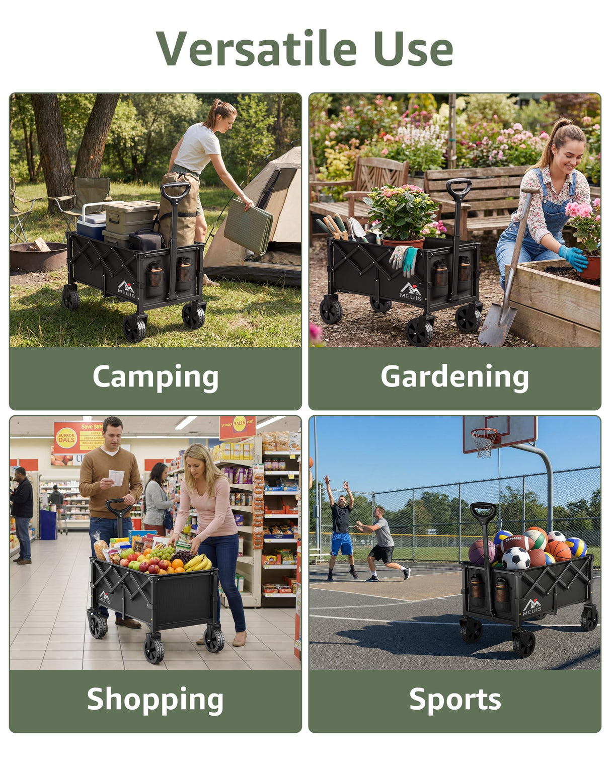 MEUIS Collapsible Wagon Cart with Wheels - 250LBS Heavy Duty Folding Wagon for Groceries Shopping Outdoor Apartment Portable Foldable Utility Grocery Trolley, Black, L