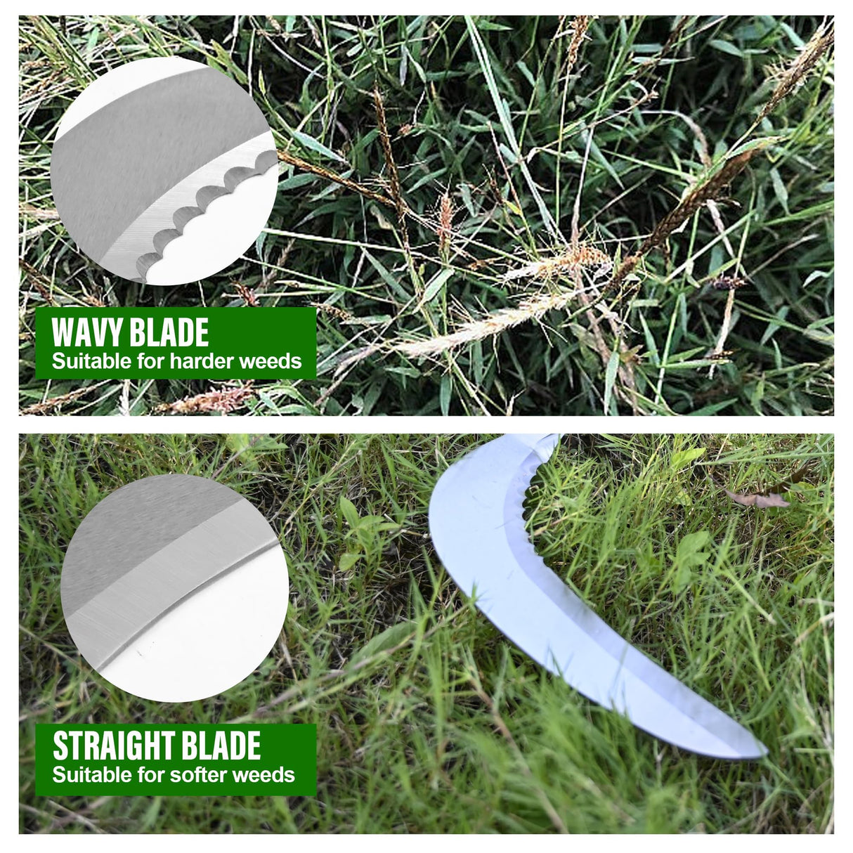 YEELOR Weeding Sickle, Serrated & Plain-Edged Combined Steel Scythe 51-Inch Adjustable Long Handle, Lightweight Long-Handled Garden Sickle Tool for Gardens, Yards, Fields & Overgrown Areas