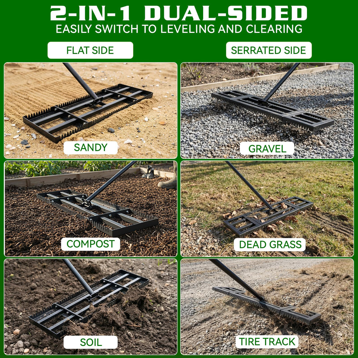 Housolution 32"x10" Lawn Leveling Rake with Serrated Edge & Smooth Plate