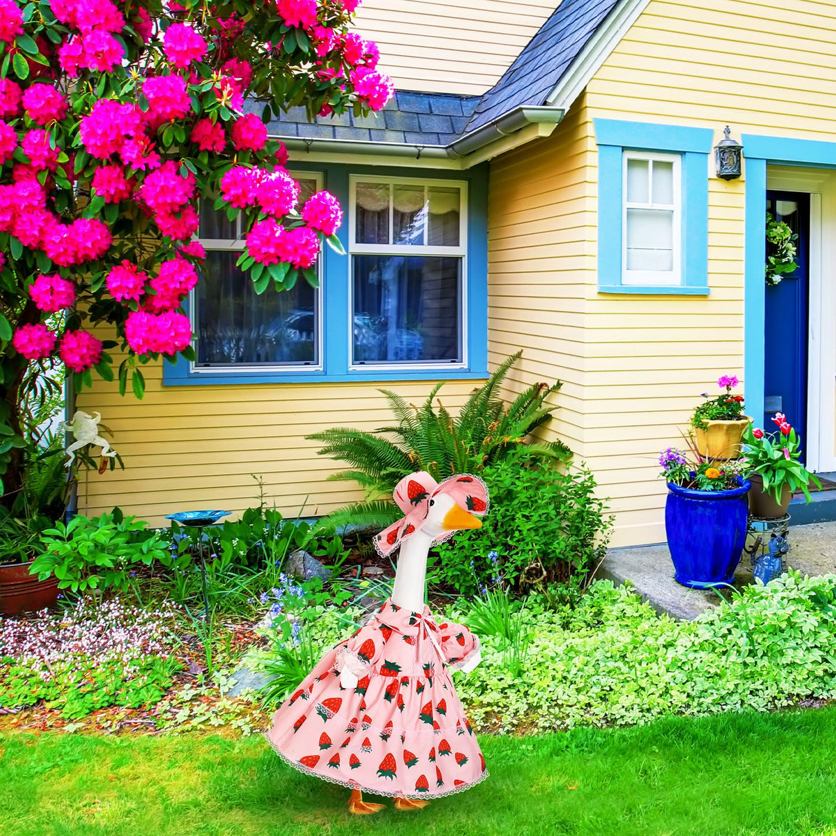 FuWeave Summer Porch Goose Outfit for 23''/17" Cement Statue Goose Skirt Costume for Fall Spring Outdoor Yard Lawn Patio(Strawberry1,23 Inches)