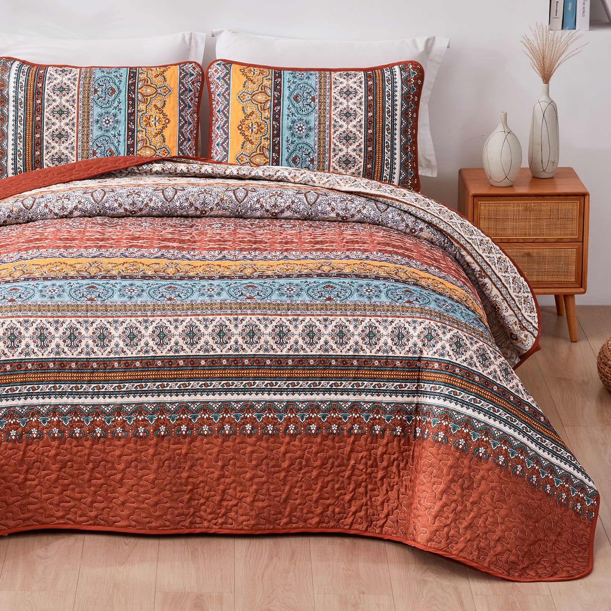 WONGS BEDDING Boho Quilt Set King Size Burnt Orange, 3 Pieces Fall Striped Bedspread Coverlet Set, Christmas Halloween Soft Lightweight Microfiber for All Season(104"Ć90")