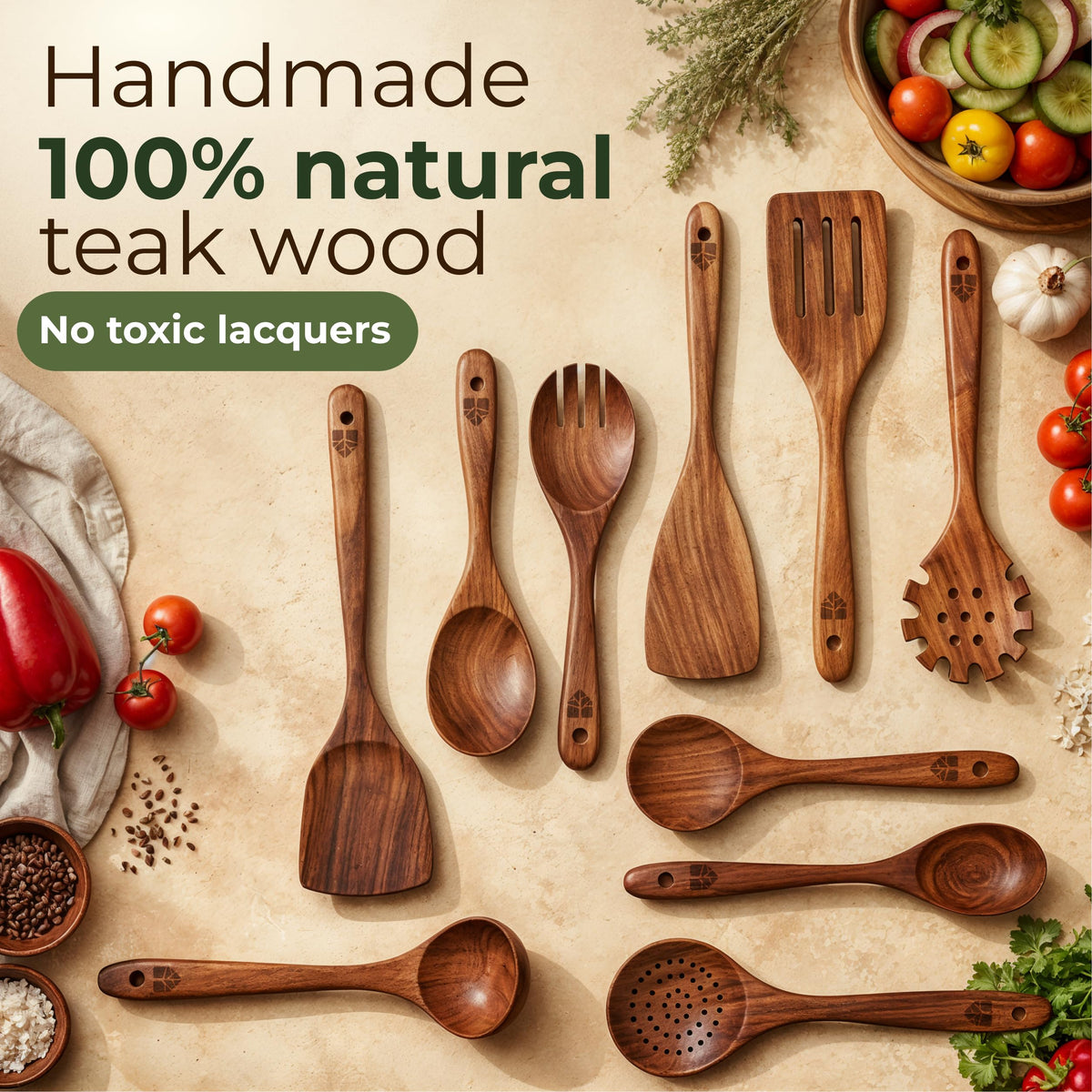 Wooden Spoons for Cooking – 10 Pcs Non Toxic Teak Kitchen Utensils Set