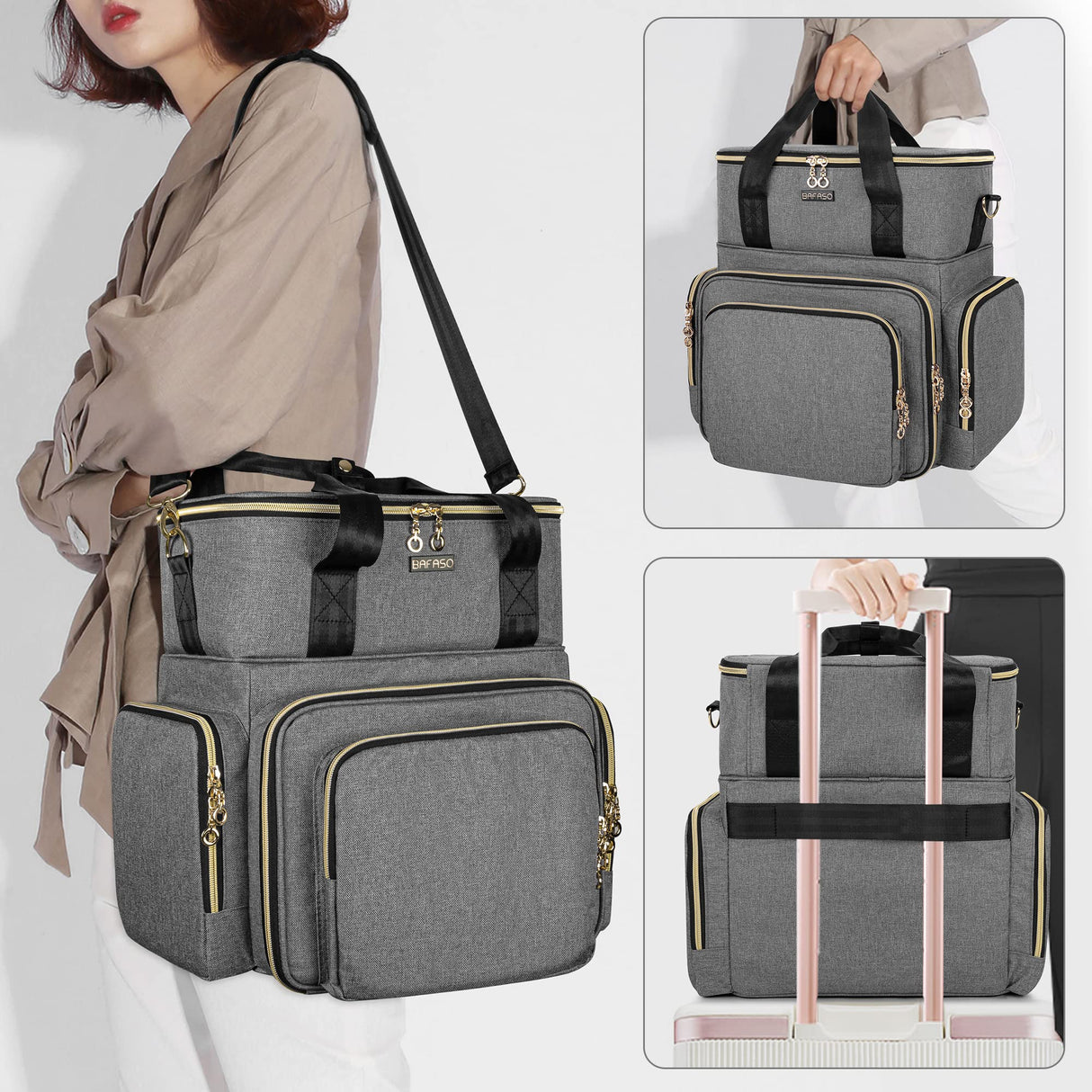 BAFASO Double Layer Nail Polish Organizer Holds 70 Bottles (15ml - 0.5 fl.oz) and a Nail Dryer, Nail Polish Case with 2 Removable Pouches and Tools Storage Sections (Patented), Gray