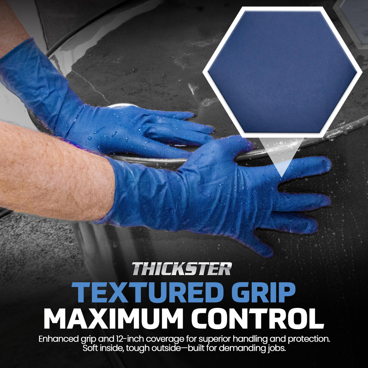Thickster Powder-Free Exam Grade Latex Disposable Gloves. Size Medium. Blue, 14 mil Thickness, 12" Length. Fully Textured for Superior Grip. Single Use. Pack of 50. (6602-20)