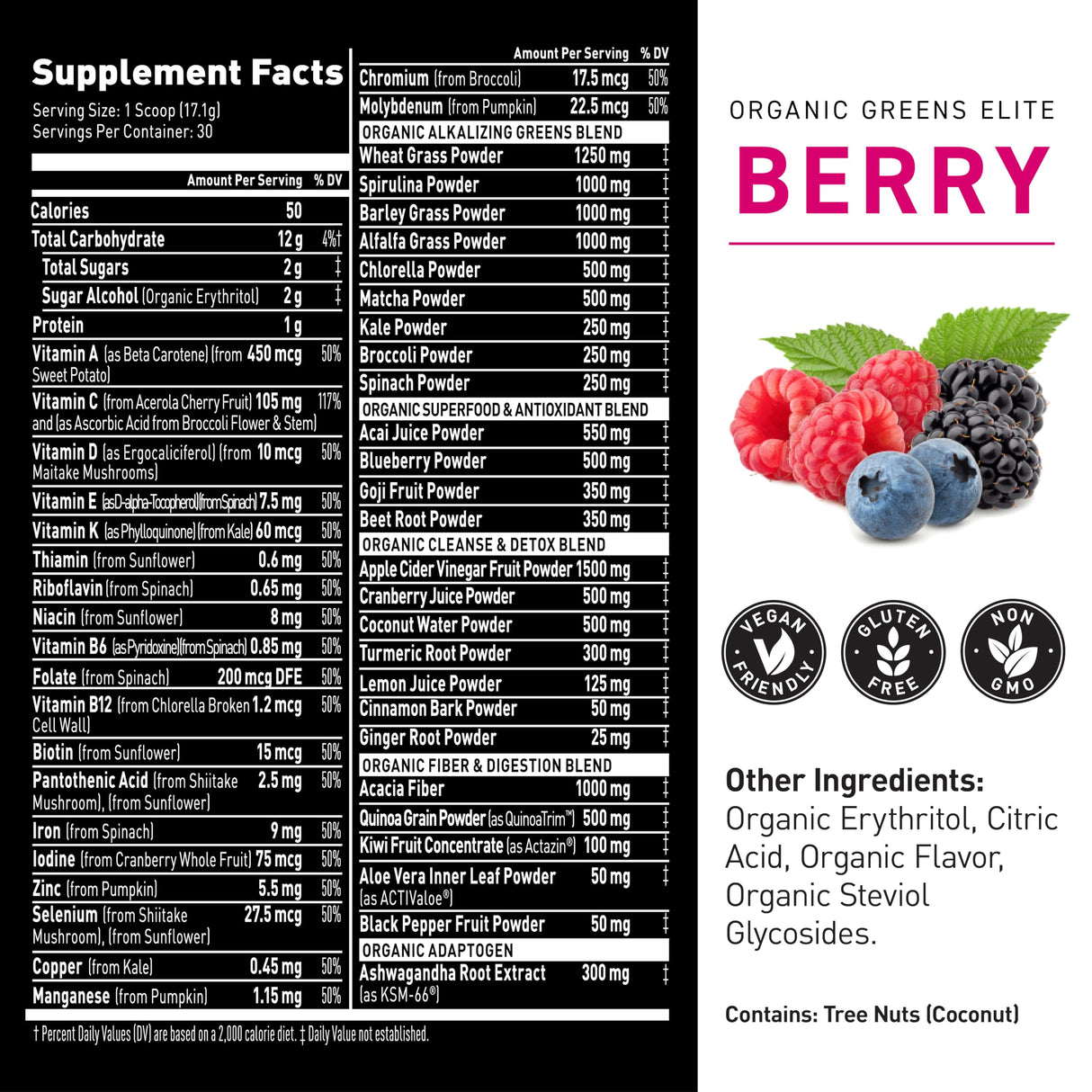 Kaged Organic Greens Elite | Berry | Superfood and Greens Powder with Apple Cider Vinegar, Adaptogen, Prebiotics, Vitamins & Minerals | 30 Servings
