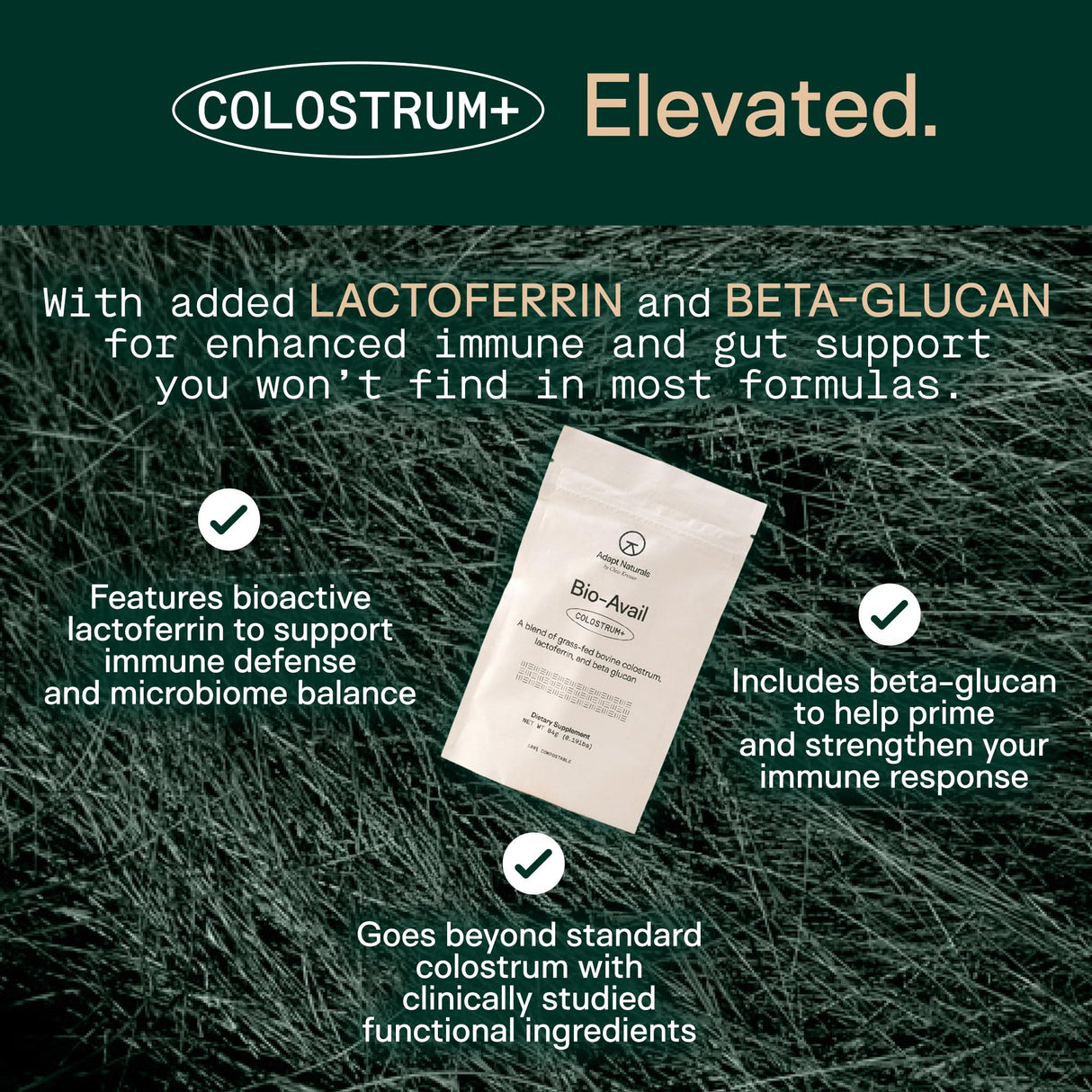 Adapt Naturals Colostrum Supplement with Lactoferrin & Beta-Glucan, Bio-Avail Grass Fed Bovine Colostrum Powder for Gut Health, Immune Support & Vitality | Non-GMO, 2500mg, Unflavored - 30 Days Supply