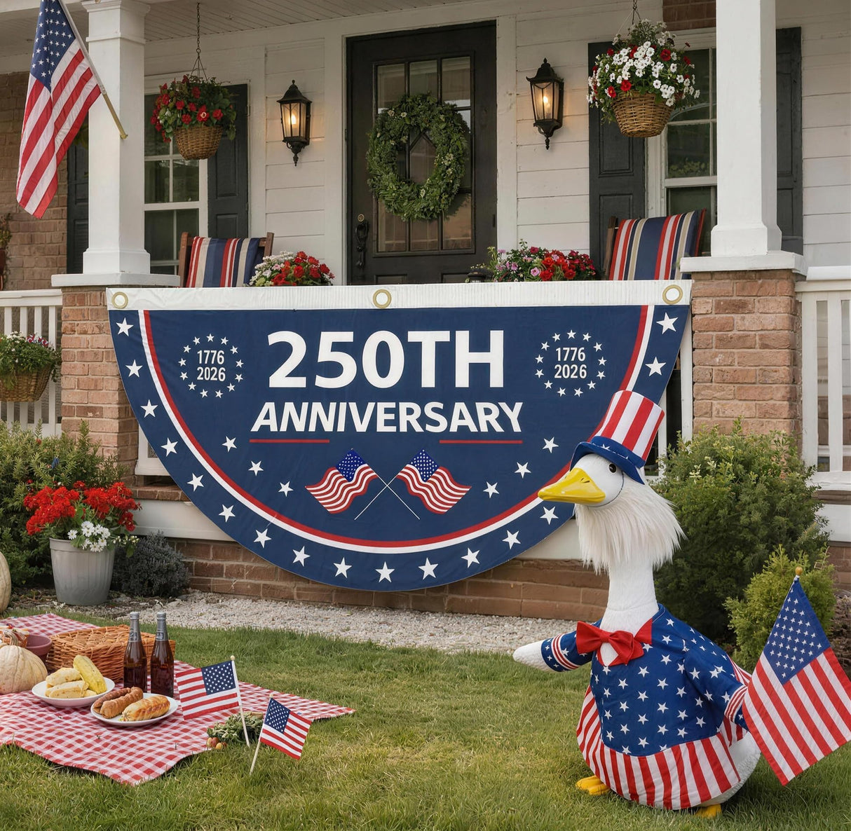 Flying Childhood 4th of July Porch Goose Outfit, 23’’ Lawn Goose Statue Uncle Sam Patriotic Geese Costume, Independence Day Yard Goose Clothes for Garden Patio US 250th Anniversary Decoration