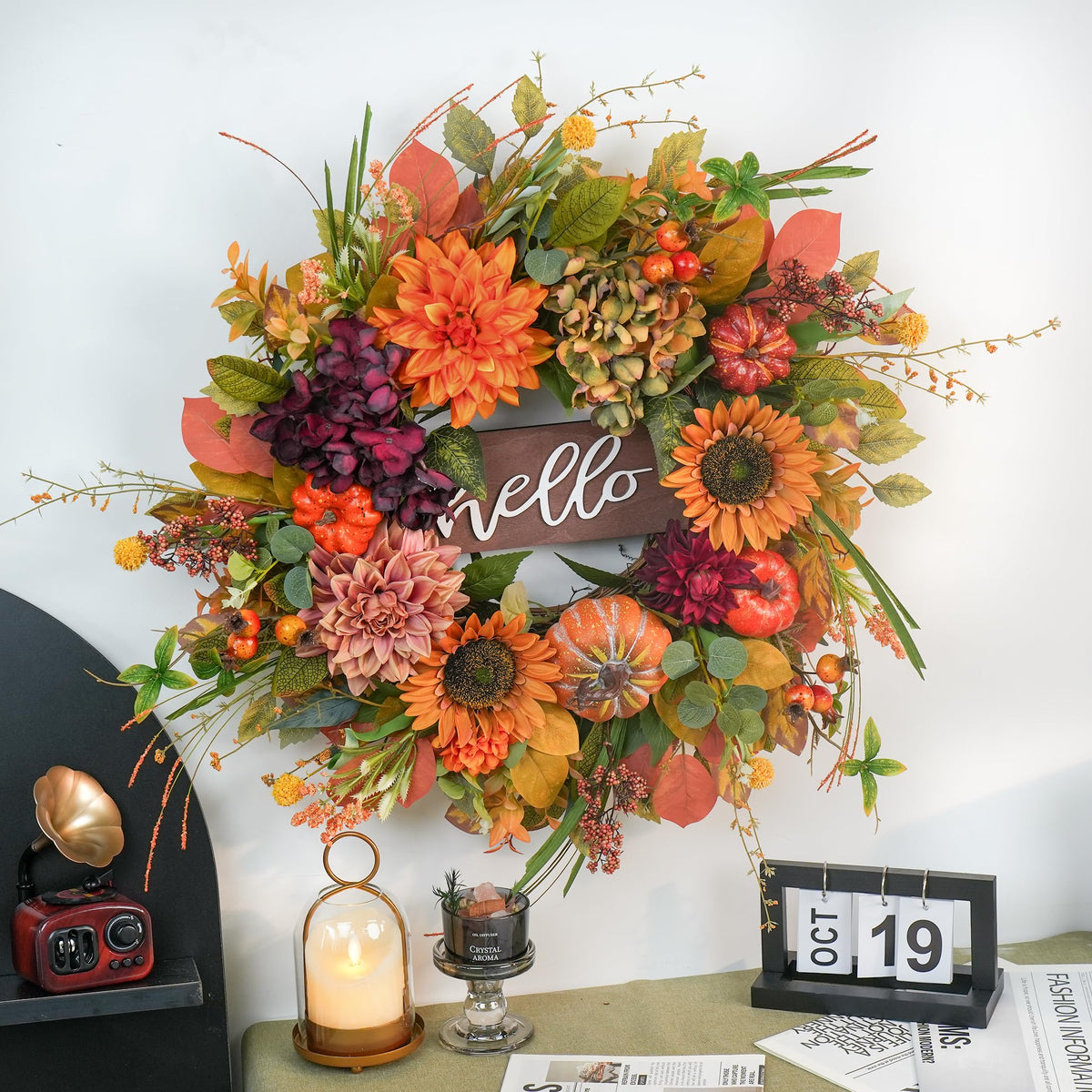 Fall Wreaths for Front Door 24 Inch Autumn Wreath with Sunflowers, Pumpkins
