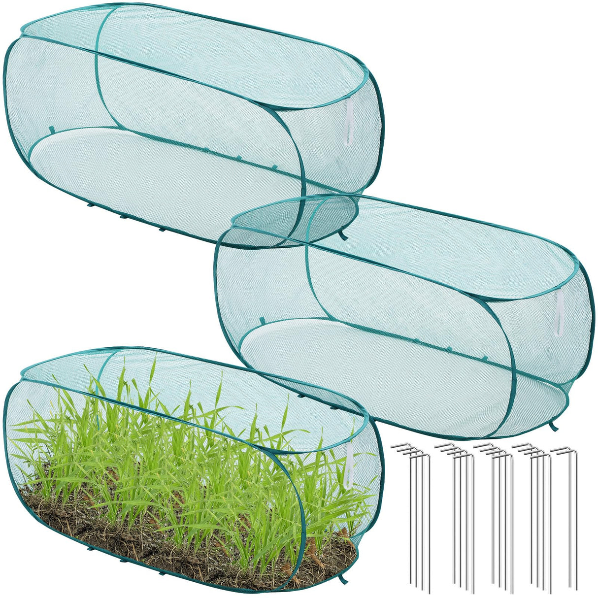 Threehoney 3 Pcs 45" x 20" x 18" Foldable Garden Rows Plants Cover Vegetable Mesh Plant Protector Net Cage Guard with Ground Nails for Protecting Vegetables Fruits Seedlings Flowers
