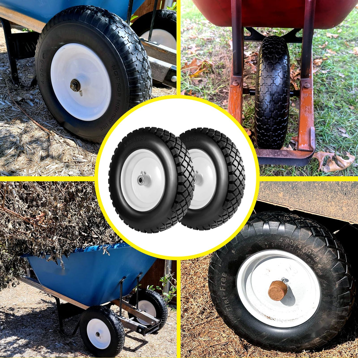 4.80/4.00-8 Wheelbarrow Tire and Wheel 16" Flat Free Solid 2PCS Hand Truck