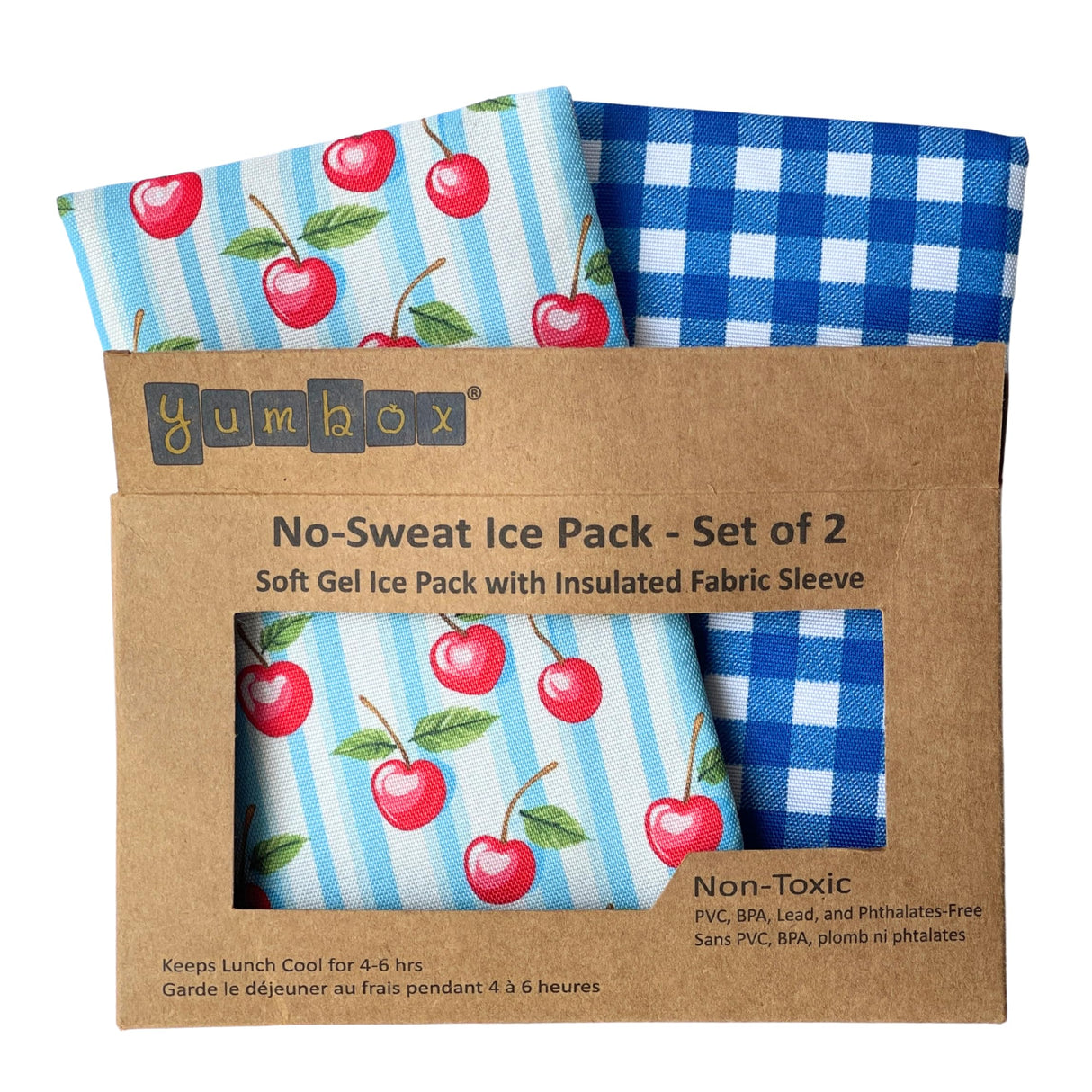 Yumbox Reusable Condensation Free Soft Ice Packs with Fabric Sleeve for Lunch Box and Cooler, Sweatproof, Pack of 2 Gel Ice Packs (Vichy)