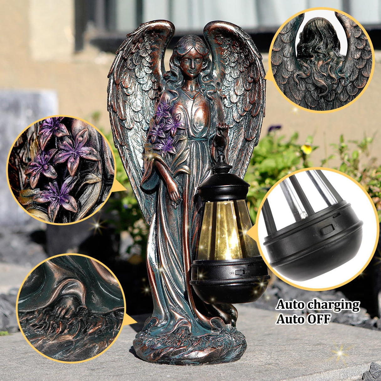 VChymm Solar Angel Outdoor Garden Decor Statues – 13.2 inches Solar Outdoor Sculptures for Outside Yard Art Patio Balcony Front Lawn Ornaments Gifts for Mom Grandma Women(Bronze)