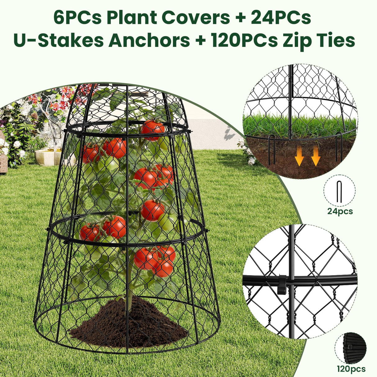 6 Pack Garden Cloche Plant Protectors from Animals, Adjustable 3-Tier Chicken Wire Plant Cages for Outdoor Plants, Stackable Metal Garden Cloches Keep Rabbits, Squirrels & Birds Away, 17.3" x 11.4"