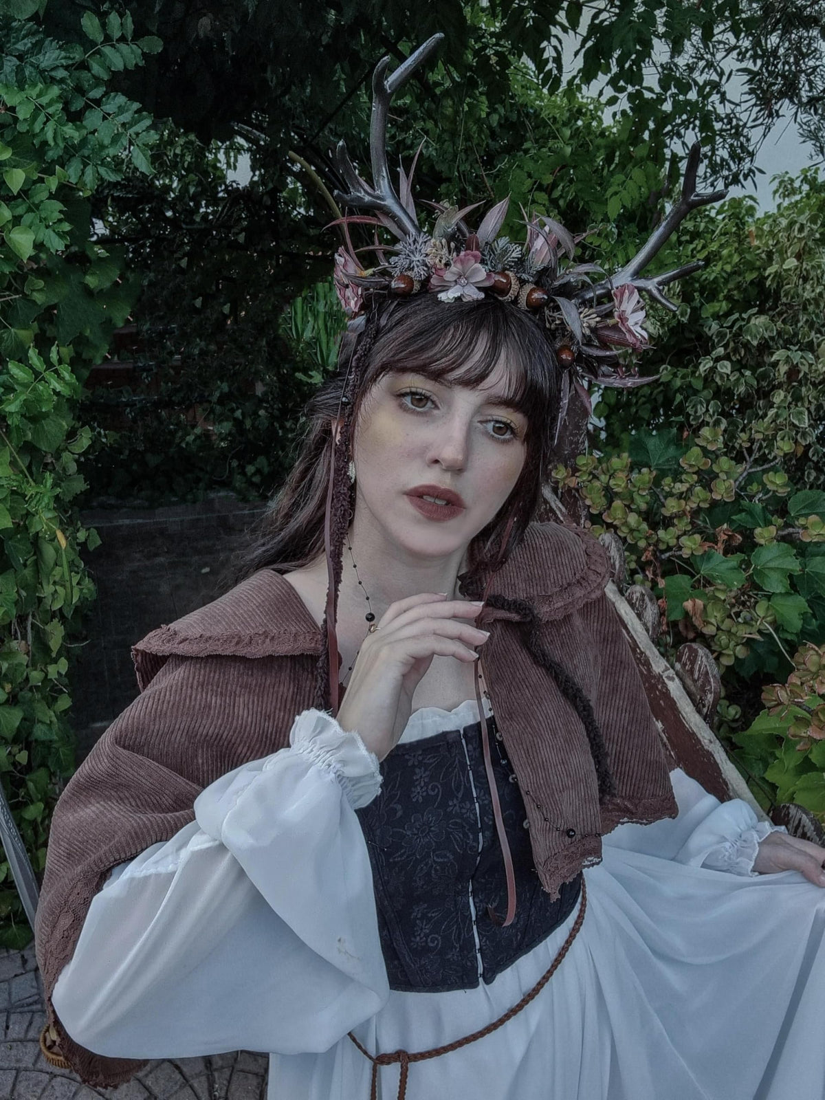 MOSTORY Dark Flower Deer Antlers Headband, Gothic Floral Reindeer Headpiece