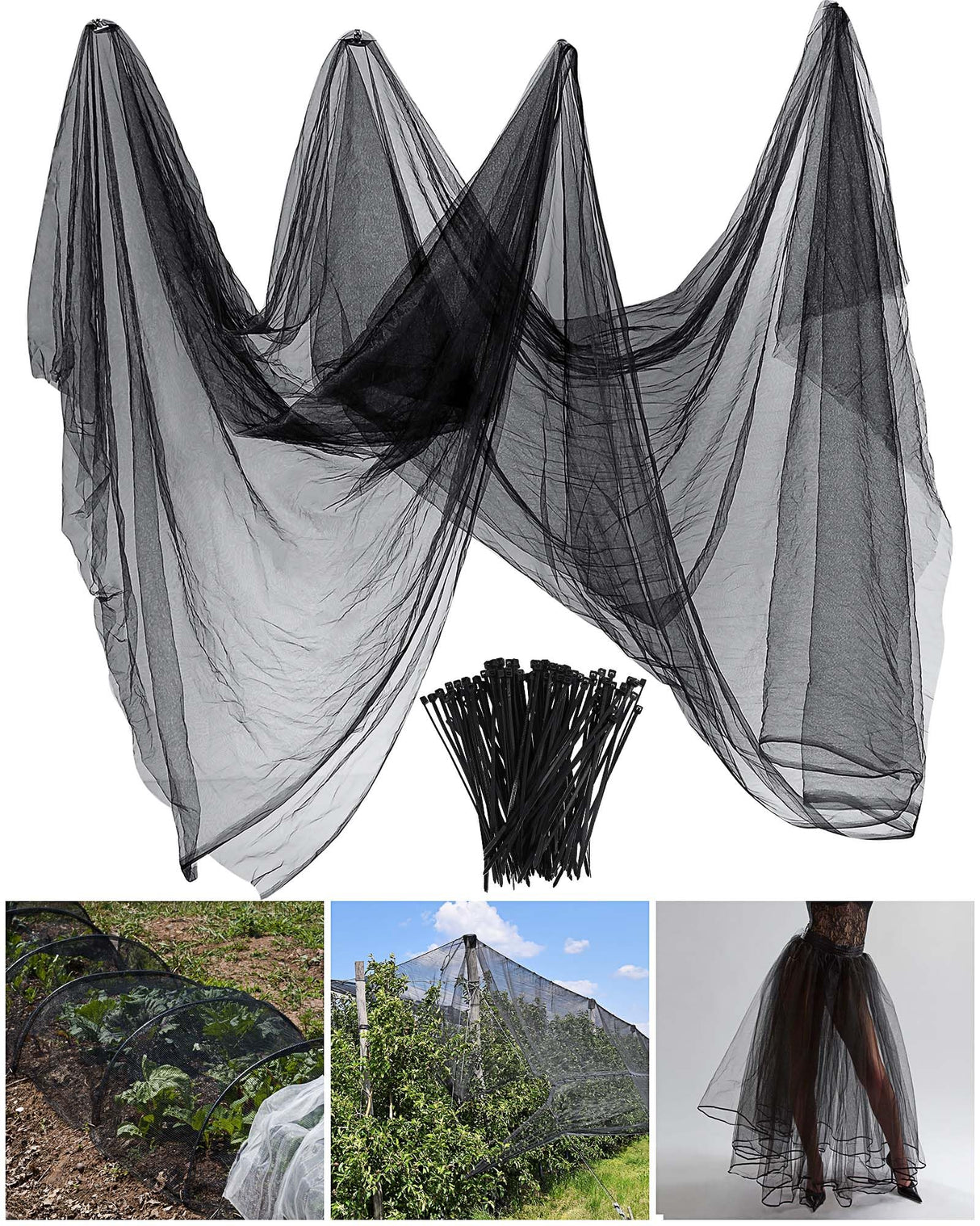 Zonon 10 x 33ft Mosquito Netting Garden Insect Bug Mesh Netting Garden Patio Mesh Screen Net Fly Insect Bug Bird Net Barrier for Patio Balcony Porch Gazebo Vegetables Fruits Plant Protection(Black)