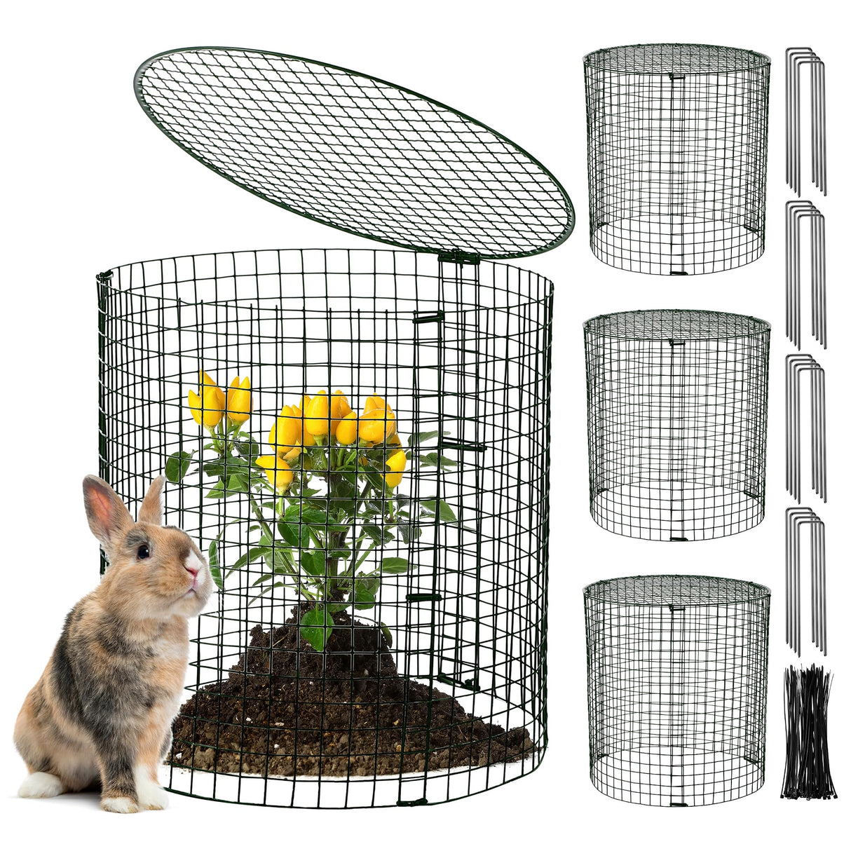 Hiboom 4 Set Garden Plant Protectors from Animals with Stakes, Metal Mesh and Detachable Covers Wire Plant Cage for Keeping Bunny Animals Out, Chicken Wire Cover Garden Protection (12x13)