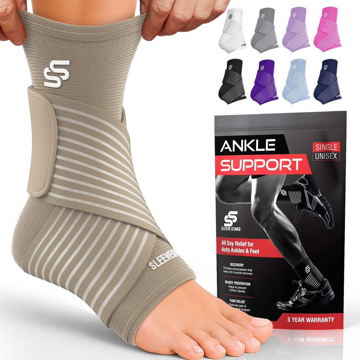 Sleeve Stars Ankle Brace for Women & Men, Ankle Wrap for Sprained Ankle, Compression Sleeve for Plantar Fasciitis Relief, Easy Customizable Support: w/Removable Strap (Single/S:9"-10"/Beige)
