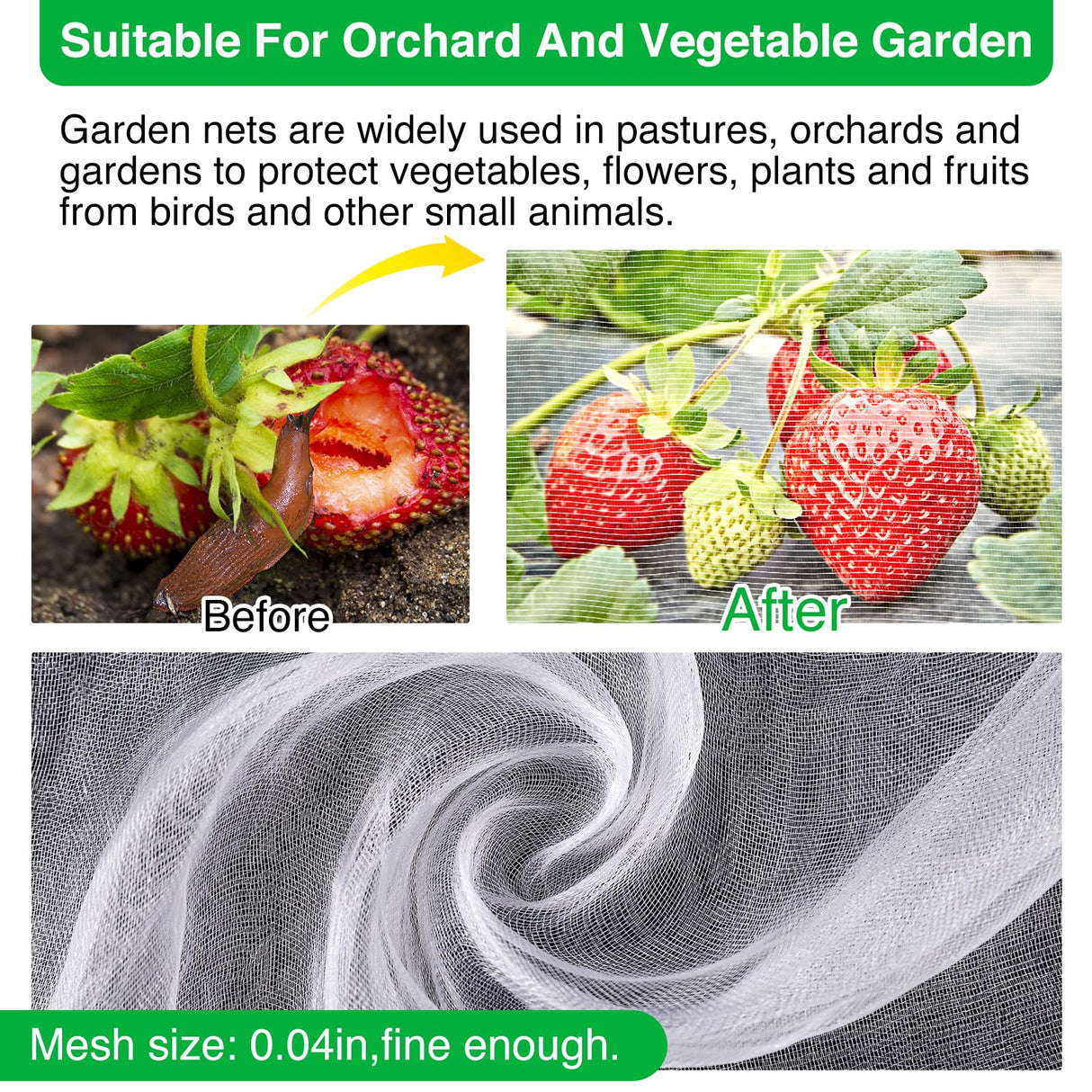 Garden Mesh Netting Kit, 10 * 30FT Ultra Fine Plant Netting Covers with 6 Pcs Garden Hoops & 18 Clips, Row Cover Net Protection for Tree Fruit Barrier Vegetable Fruits Flowers Shrubs Plant Covers Net